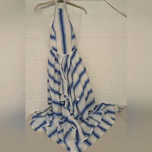 rtr Rosie Assoulin Halter Striped Dress sz6 DESIGNER Blue white hi low open back - Picture 3 of 10